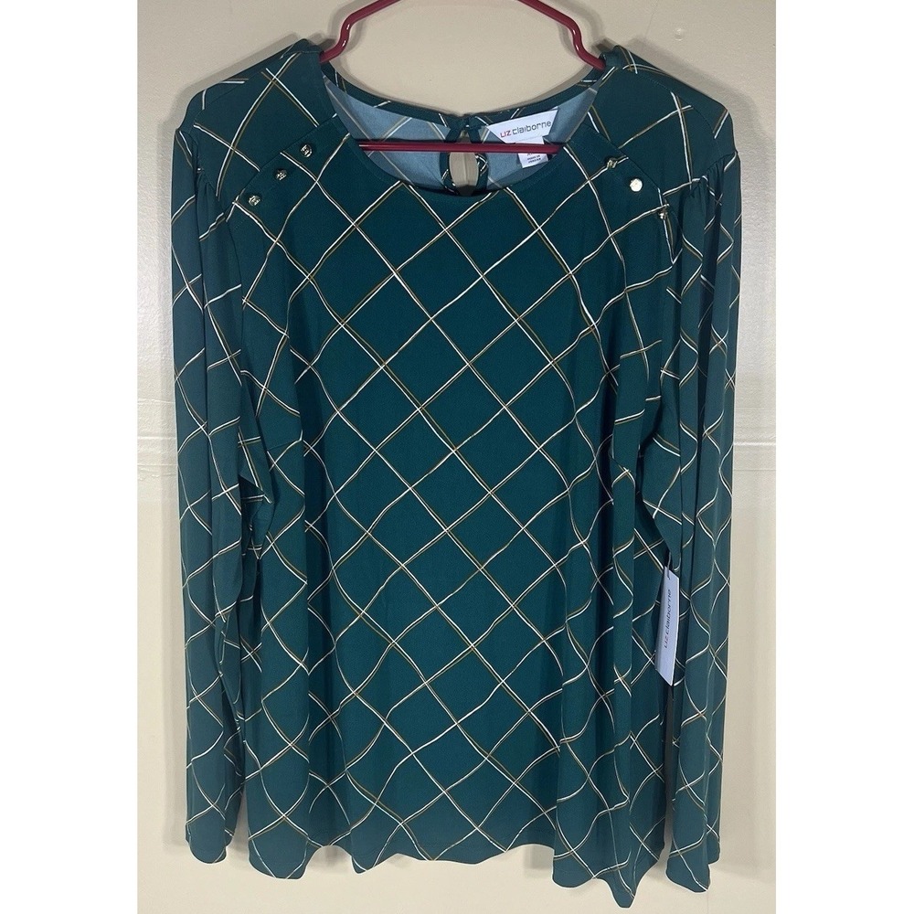NWT Liz Claiborne Womens XXL Green Plaid Long Sleeve Blouse Gold Trim Top